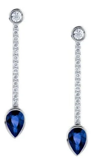 White Gold Blue Sapphire, Diamond Drop Earrings