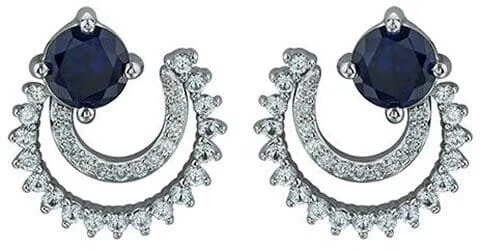 White Gold Created Blue Sapphire, Diamond Stud Earrings.0.12 Total Diamond Weight.