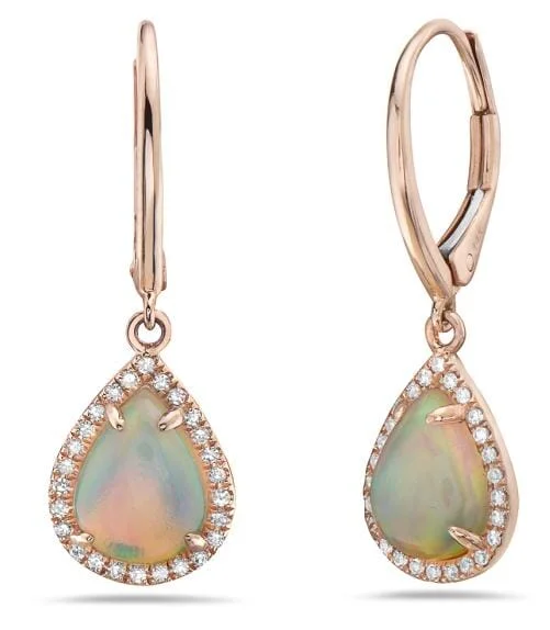 Rose Gold Pear Shaped Opal, Diamond Lever Back Earrings