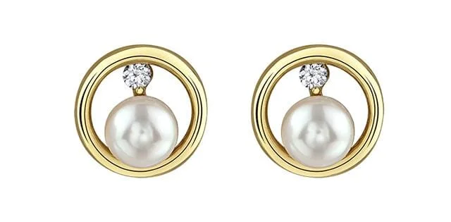 Yellow Gold Canadian Diamond, Pearl Stud Earrings.