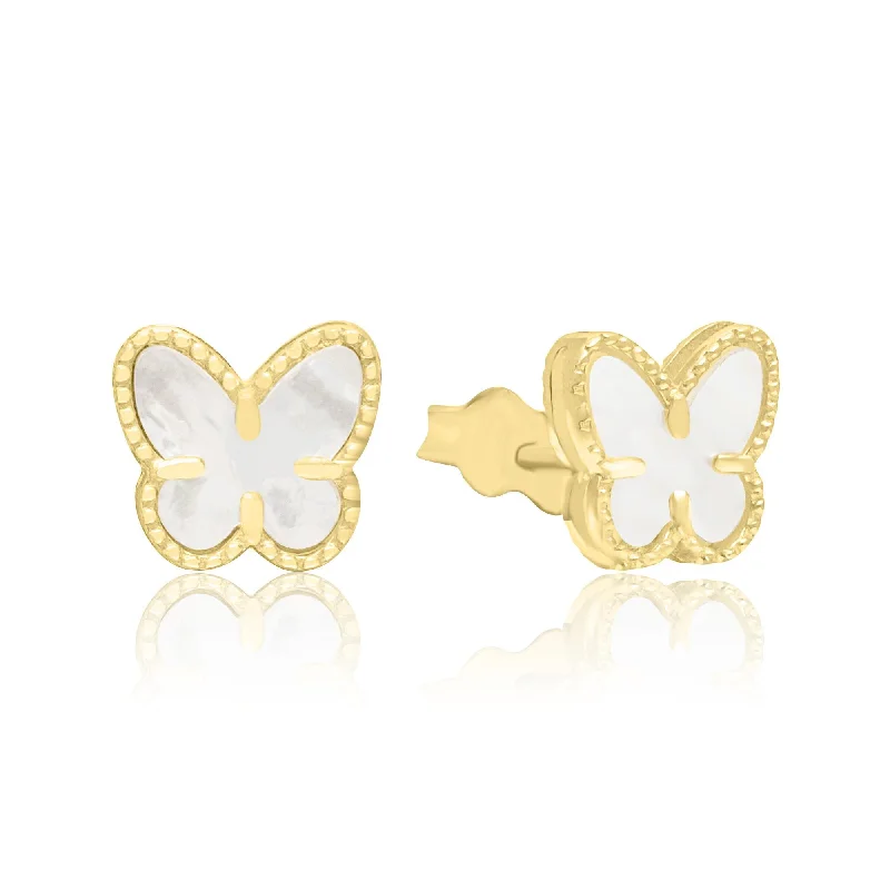 Yellow Gold Mother of Pearl Butterfly Stud Earrings.