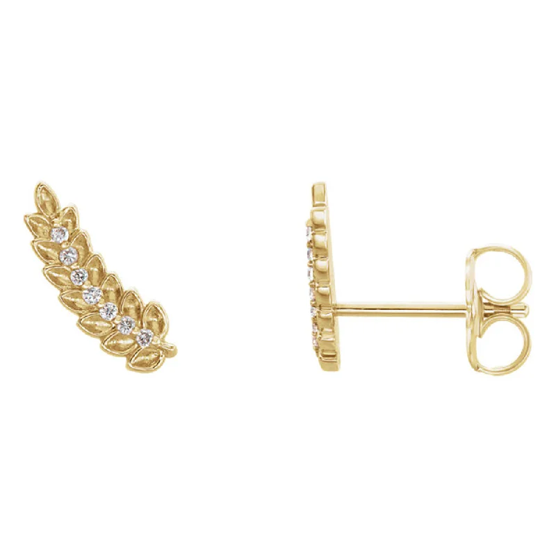 3.5 x 10mm 14k Yellow Gold .04 CTW (G-H, I1) Diamond Leaf Ear Climbers