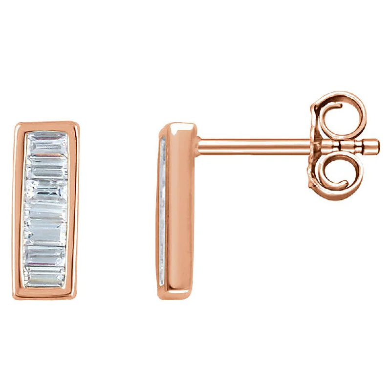 3 x 9mm 14k Rose Gold 1/3 CTW (H-I, I1) Diamond Baguette Bar Earrings