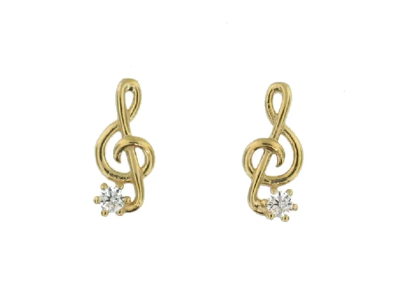 Yellow Gold Cubic Zirconia Stud Earrings."Treble Cleff"