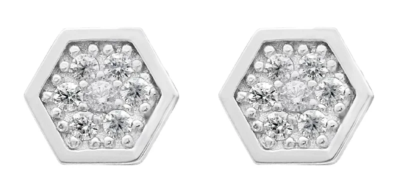 White Gold Cubic Zirconia Honeycomb Stud Earrings.