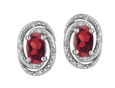 Sterling Silver Garnet, Diamond Stud Earrings.