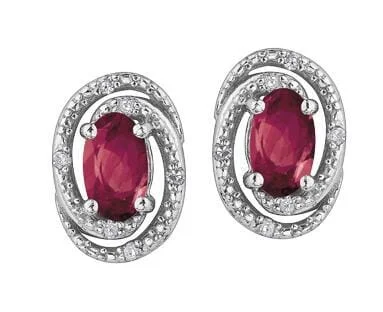 Sterling Silver Ruby, Diamond Stud Earrings.