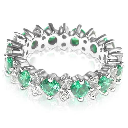 Her elegant gemstone rings featuring sparkling rubies turned heads-4.00 CT Round Cut Green Emeralds & Diamonds - Eternity Ring