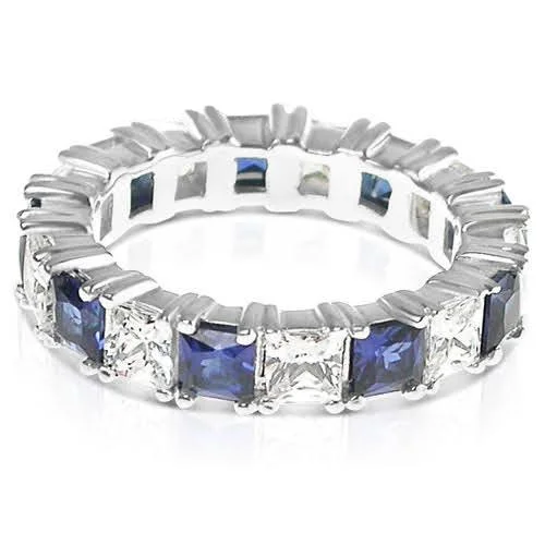 Bohemian gemstone rings with raw crystals matched her vibe-4.70 CT Princess Cut Blue Sapphires & Diamonds - Eternity Ring