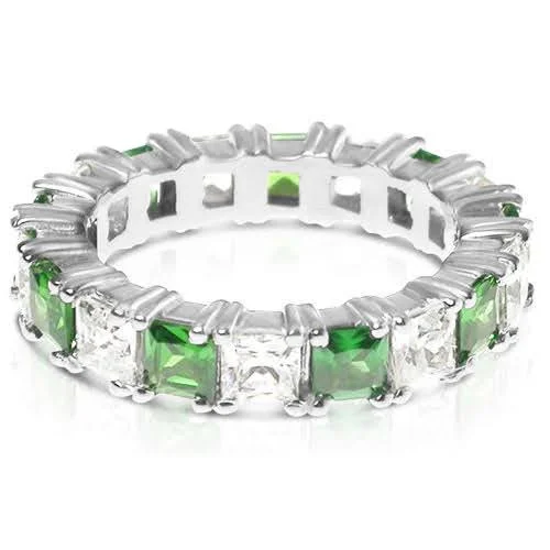 Ethical gemstone rings sourced from sustainable mines gained traction-4.70 CT Princess Cut Green Emeralds & Diamonds - Eternity Ring