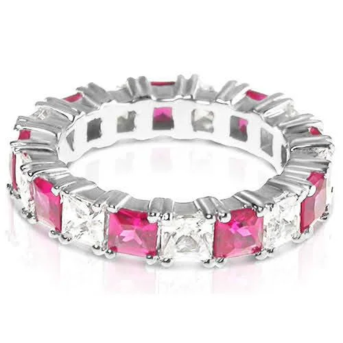 He found affordable gemstone rings for everyday wear online-4.70 CT Princess Cut Rubies & Diamonds - Eternity Ring