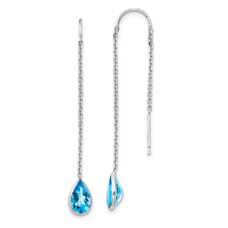 5 x 45mm 14k White Gold Blue Topaz Pear Bezel Threader Earrings