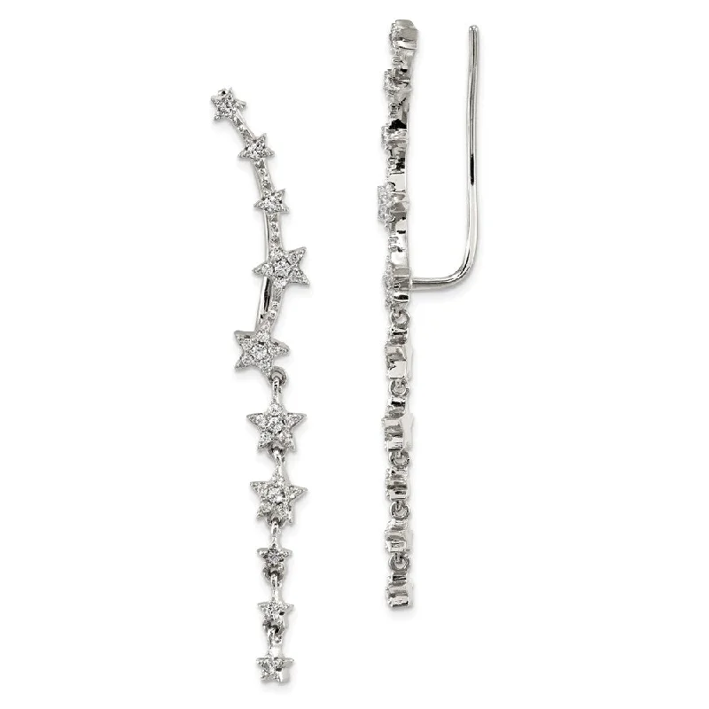 5 x 51mm Rhodium-Plated Sterling Silver Dangling CZ Stars Ear Climbers