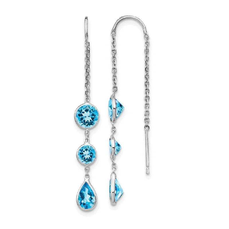 5x 45mm 14k White Gold Blue Topaz Pear & Round Bezel Threader Earrings