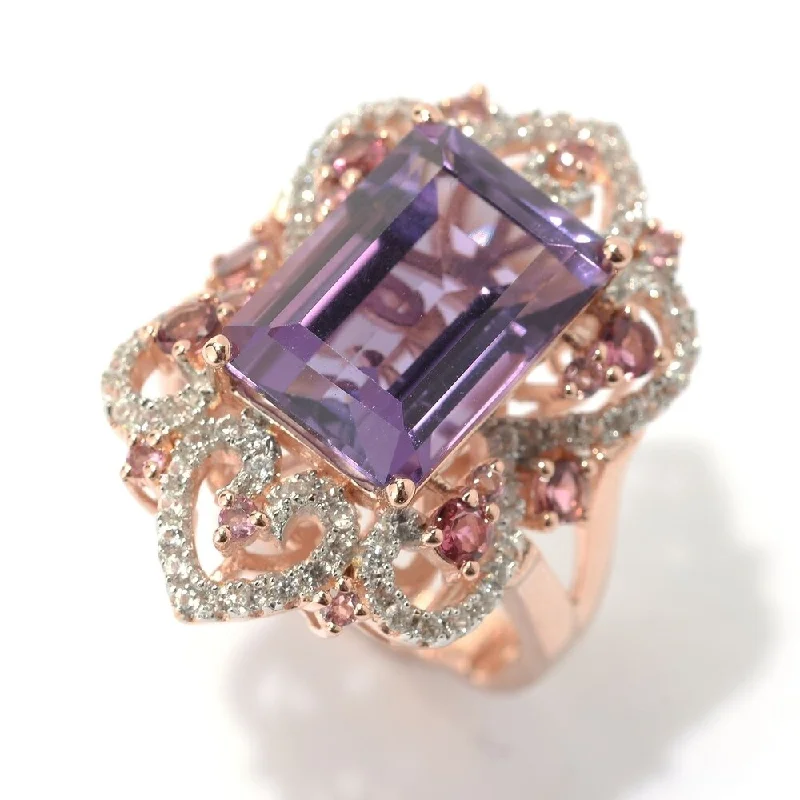 Colorful gemstone rings with vibrant opals shimmered in light-7.18ctw African Amethyst, Pink Tourmaline & White Zircon Ring