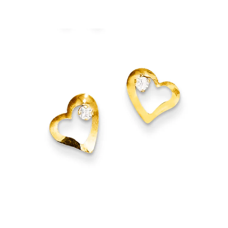 8mm Open Heart and Cubic Zirconia Post Earrings in 14k Yellow Gold