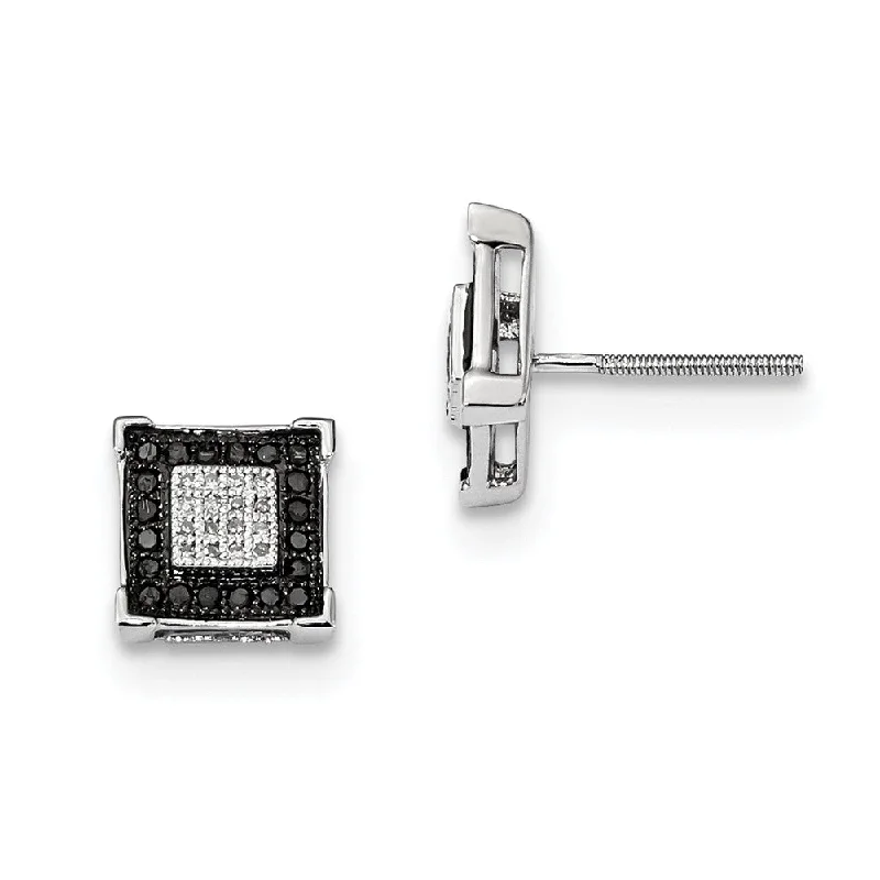 8mm Square Black & White Diamond Sterling Silver Screw Back Earrings