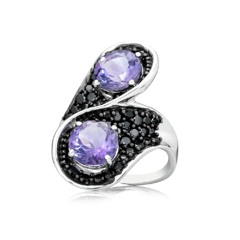 Colorful gemstone rings with vibrant opals shimmered in light-925 Sterling Silver African Amethyst and Black Spinel Ring