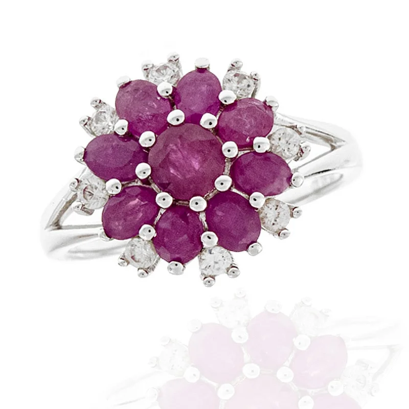 Bold statement gemstone rings for fashion lovers stood out-925 Sterling Silver African Ruby and White Zircon Gemstone Flower Ring