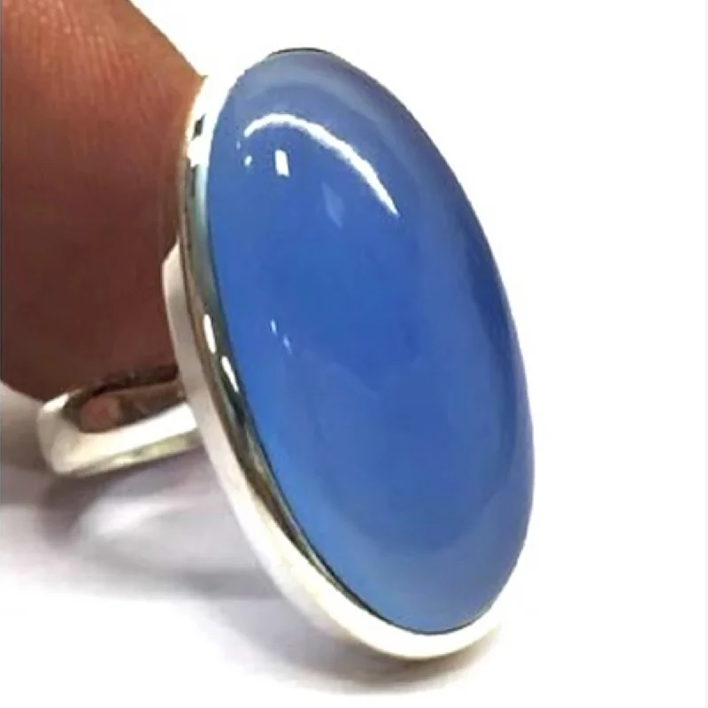 Luxury gemstone rings with diamond halos cost a fortune-925 Sterling Silver Blue Chalcedony Ring