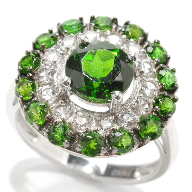 Luxury gemstone rings with diamond halos cost a fortune-925 Sterling Silver Chrome Diopside and White Topaz Ring