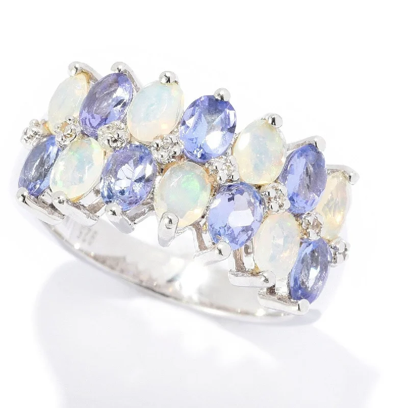 The vintage gemstone rings with rare emeralds gleamed brightly-925 Sterling Silver Ethiopian Opal,Tanzanite,White Natural Zircon Ring