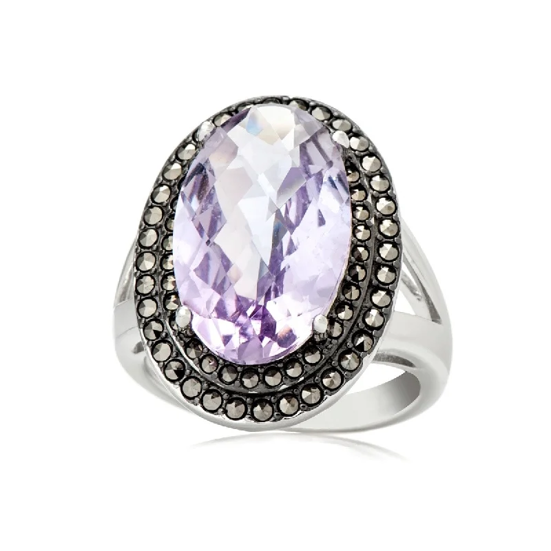 Bold statement gemstone rings for fashion lovers stood out-925 Sterling Silver Pink Amethyst and Marcasite Ring