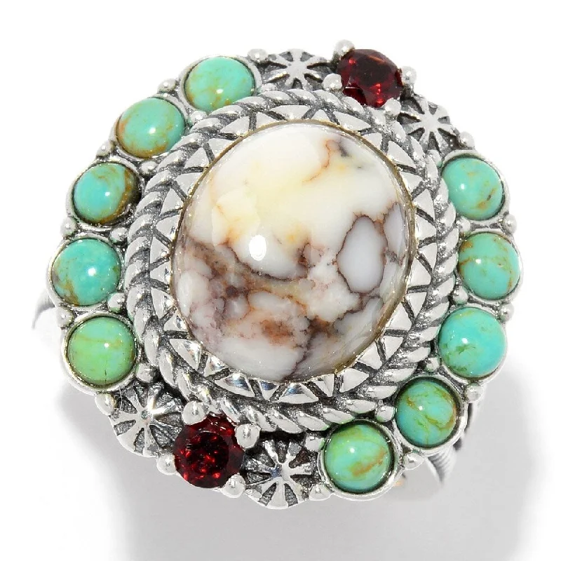 Unique gemstone rings crafted by local artisans sold fast-925 Sterling Silver Red Garnet, Wild Horse,Tyrone Turquoise Ring