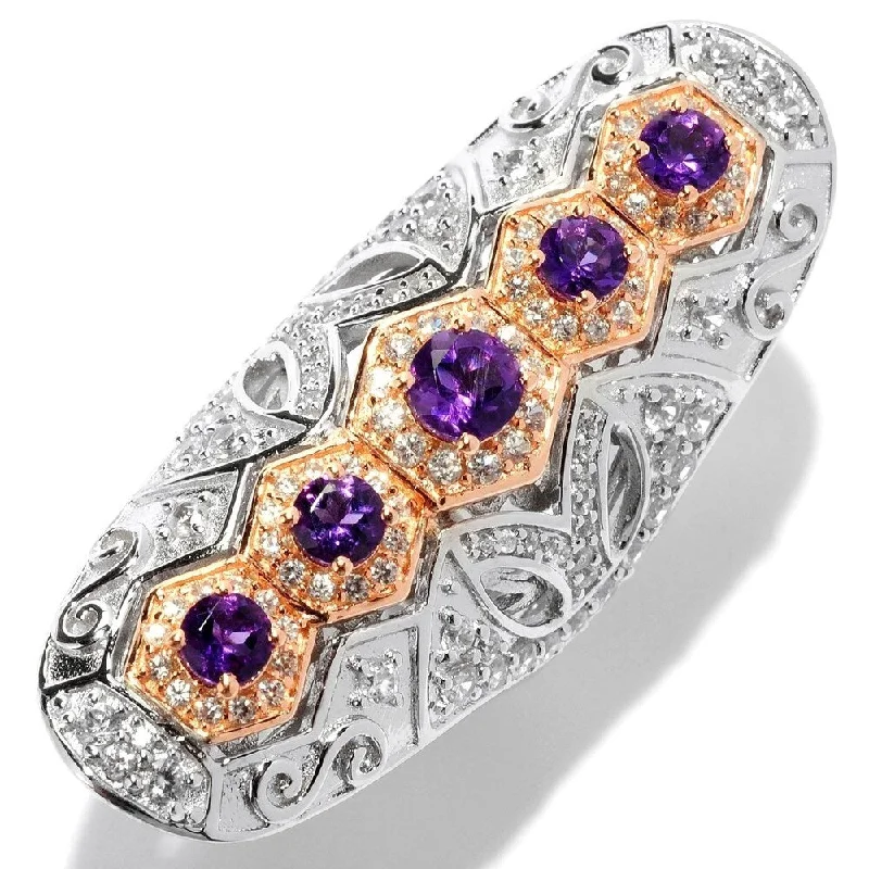 Her elegant gemstone rings featuring sparkling rubies turned heads-Amethyst & White Zircon Cut-out Scrollwork Elongated Ring