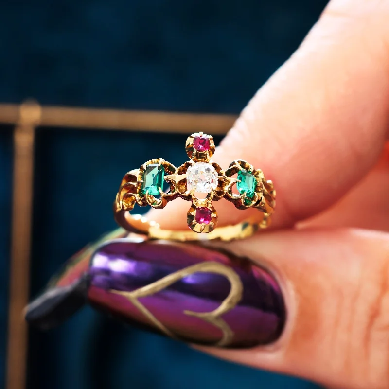 The vintage gemstone rings with rare emeralds gleamed brightly-Rare 18th Century Georgian Diamond, Ruby & Emerald Ring