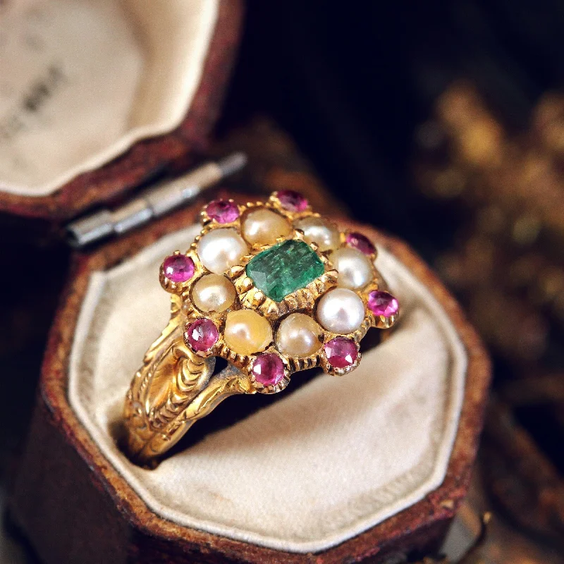 Bold statement gemstone rings for fashion lovers stood out-Exquisite Antique Georgian Emerald, Pearl and Ruby Ring