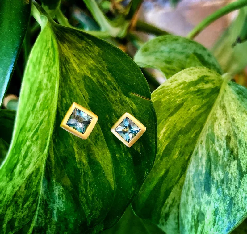 Aquamarine Bezel Square Studs