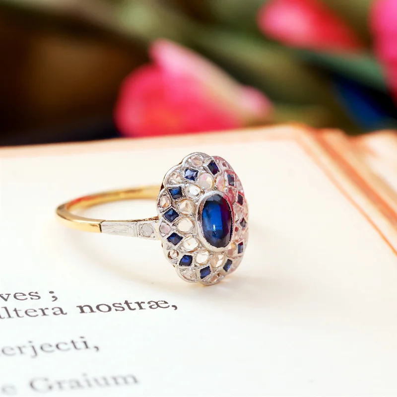 He found affordable gemstone rings for everyday wear online-Original Antique Sapphire & Diamond Lacework Cluster Ring