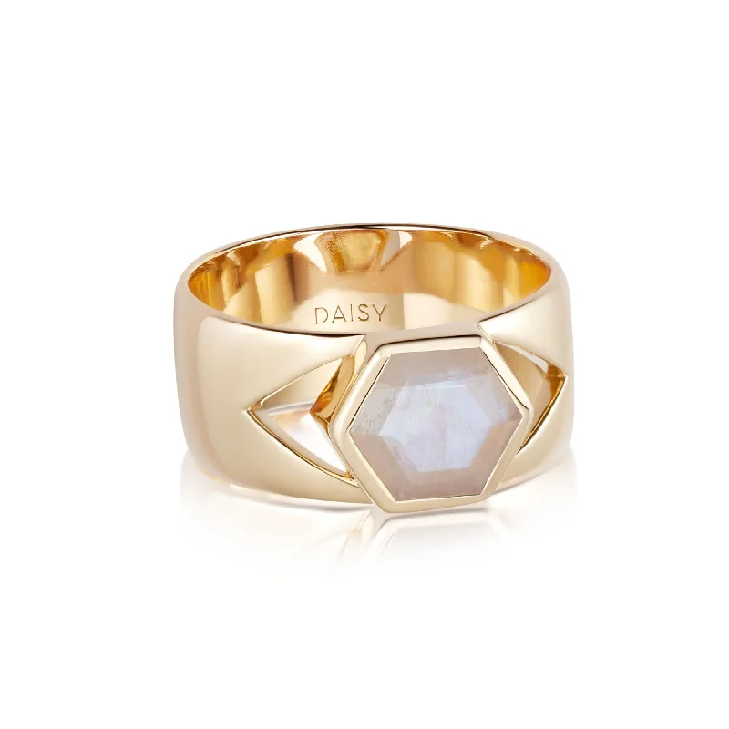 He found affordable gemstone rings for everyday wear online-Beloved Bold Moonstone Band Ring 18ct Gold Plate