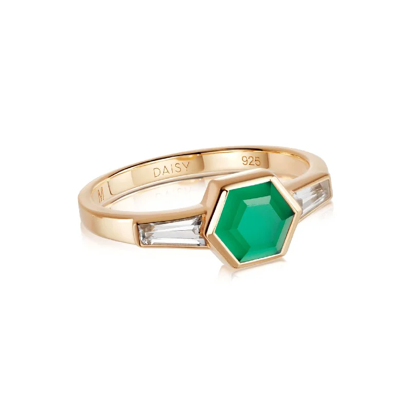 They ordered custom gemstone rings designed for special occasions-Beloved Green Onyx Hexagon Ring 18ct Gold Plate