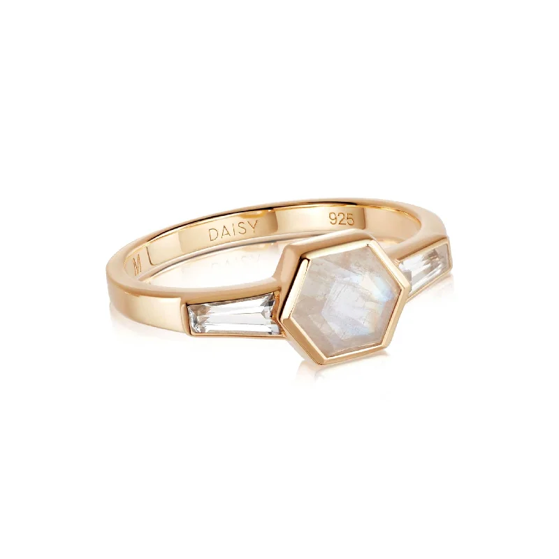 Restored antique gemstone rings regained their original stunning beauty-Beloved Moonstone Hexagon Ring 18ct Gold Plate