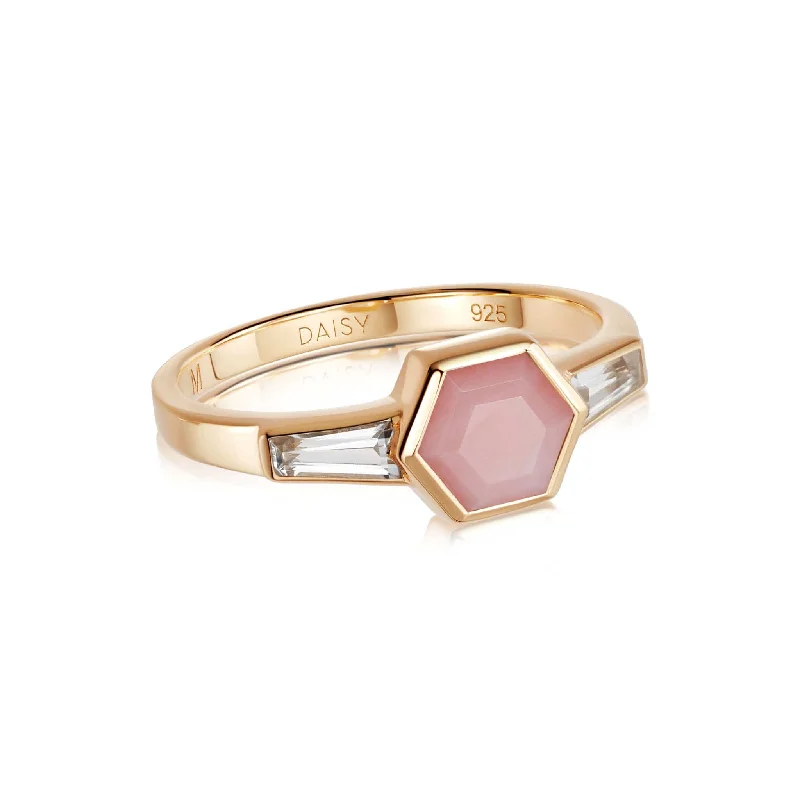 Her elegant gemstone rings featuring sparkling rubies turned heads-Beloved Pink Opal Hexagon Ring 18ct Gold Plate