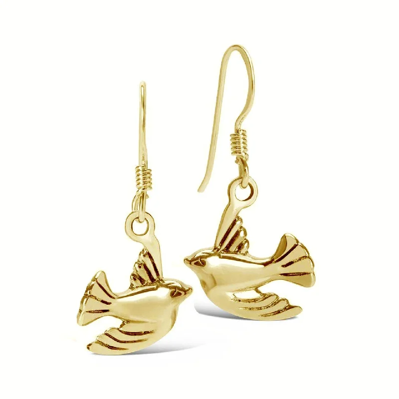 Statement drop earrings with feather details to add a boho-chic vibe -Bird Earrings | Gold