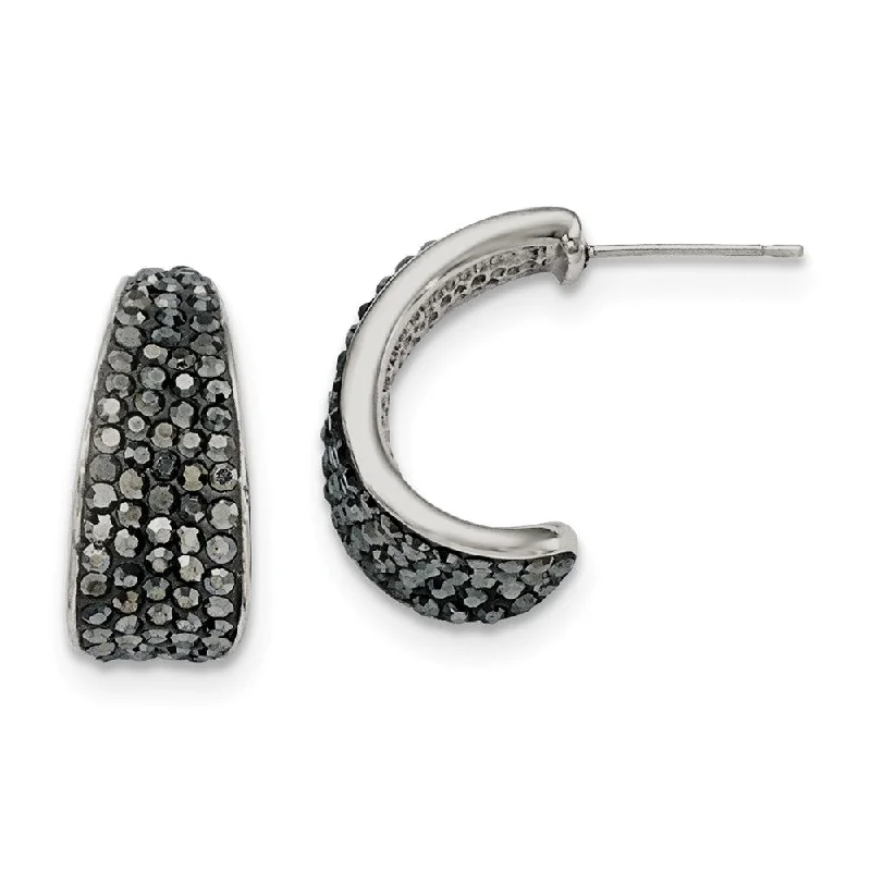 Black Crystal Tapered Half Hoop Post Earrings in Stainless Steel