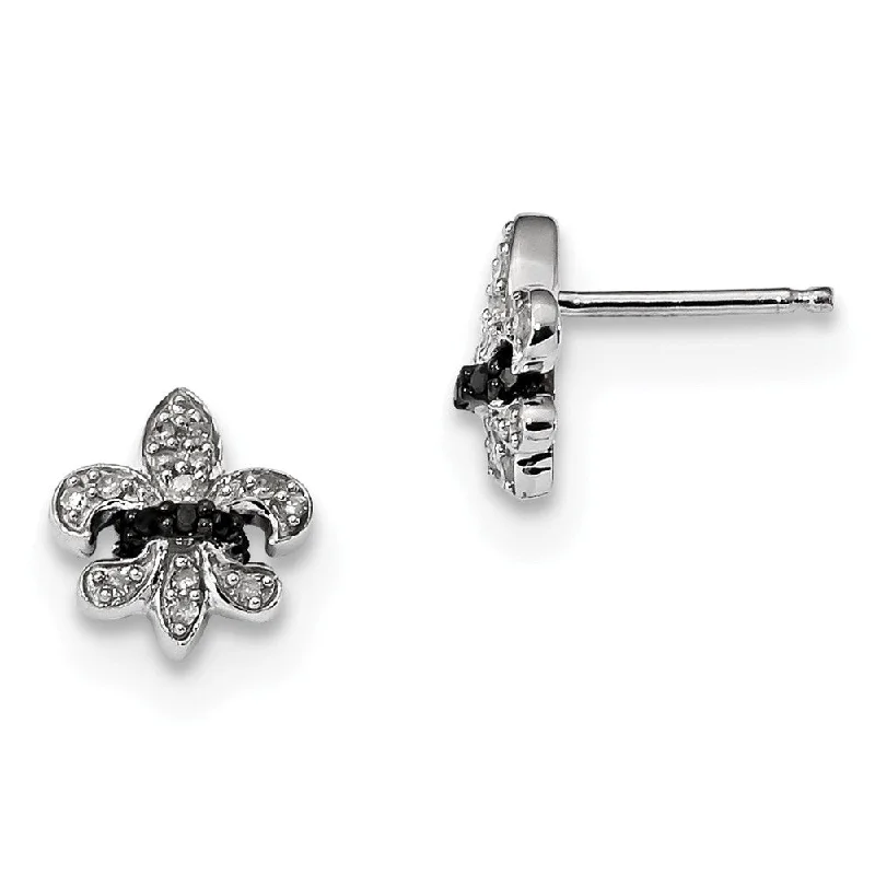 Black & White Diamond 10mm Fleur De Lis Sterling Silver Post Earrings