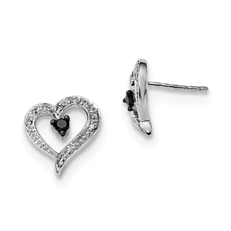 Black & White Diamond 11mm Open Heart Post Earrings in Sterling Silver