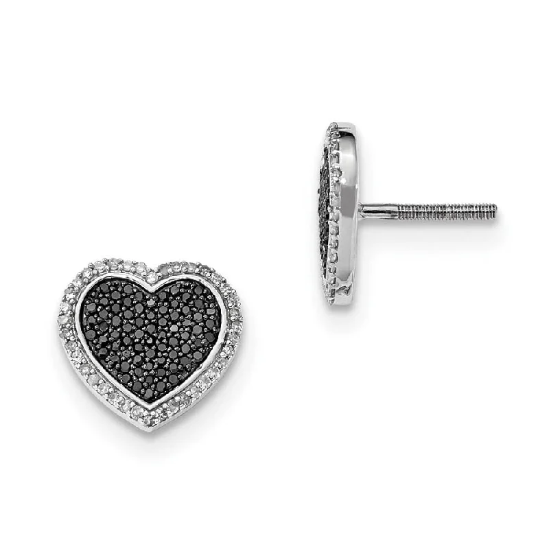 Black & White Diamond 13mm Heart Post Earrings in Sterling Silver