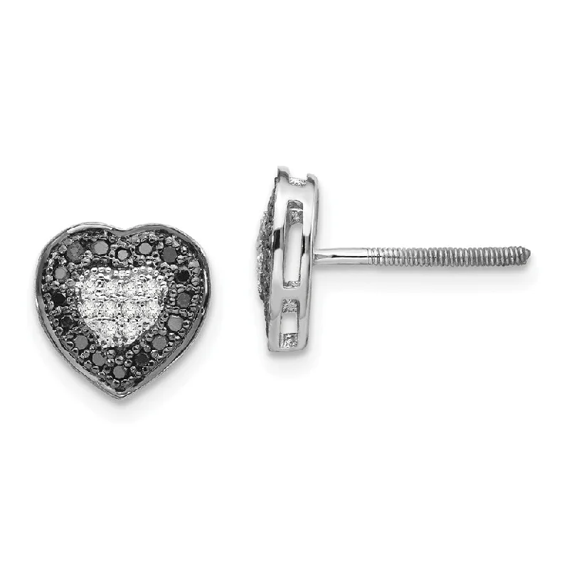 Black & White Diamond 8mm Heart Screw Back Earrings in Sterling Silver