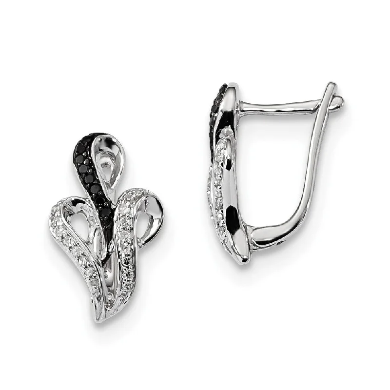 Black & White Diamond Scroll Omega Back Earrings in Sterling Silver