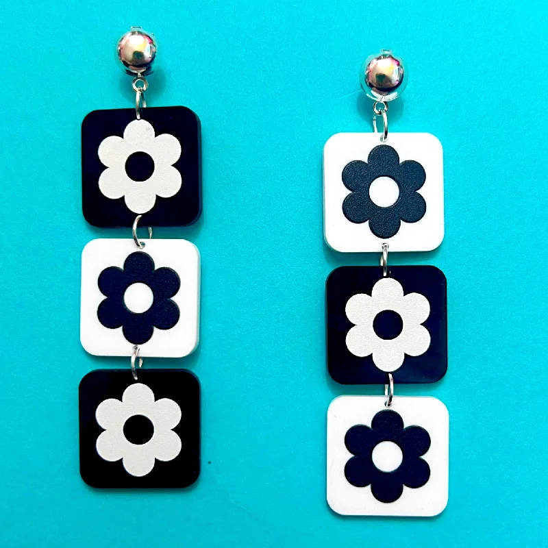 Affordable drop earrings with gemstone accents for adding color to outfits -Black & White Retro Flower Square Drop Earrings