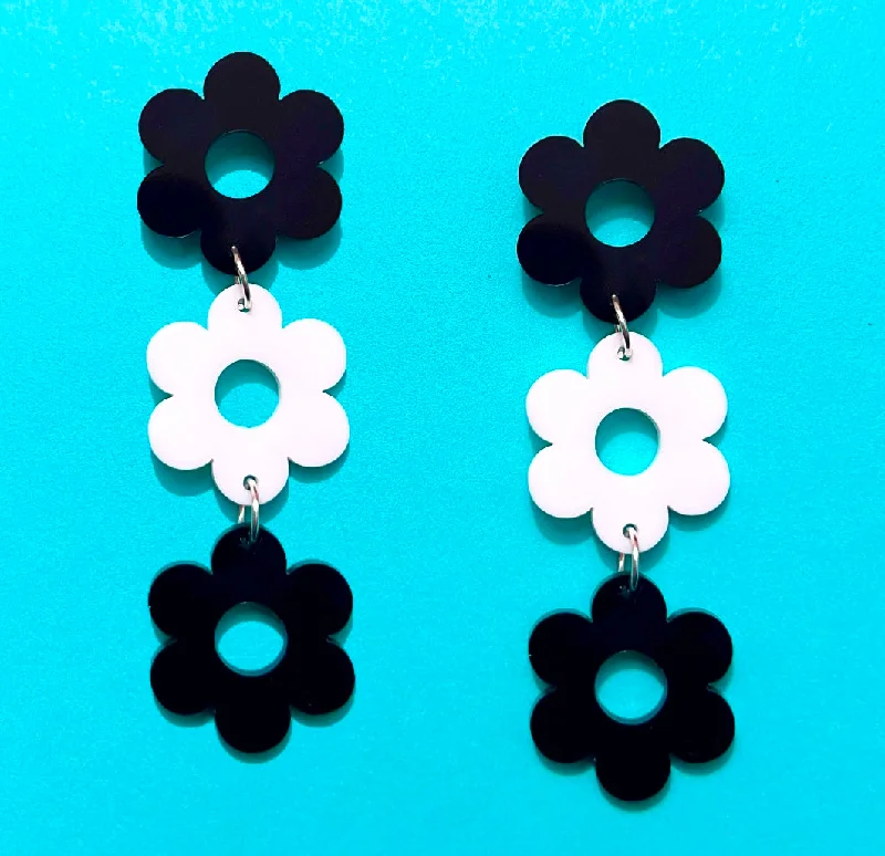 Delicate drop earrings with pearl embellishments for a feminine and refined style -Black & White Tiered Retro Flower Acrylic Drop Earrings