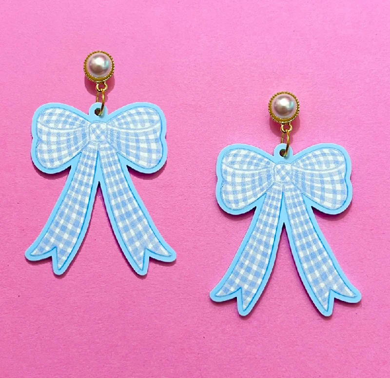 Drop earrings with cubic zirconia details for budget-friendly sparkle and style -Blue Gingham Bow Drop Earrings