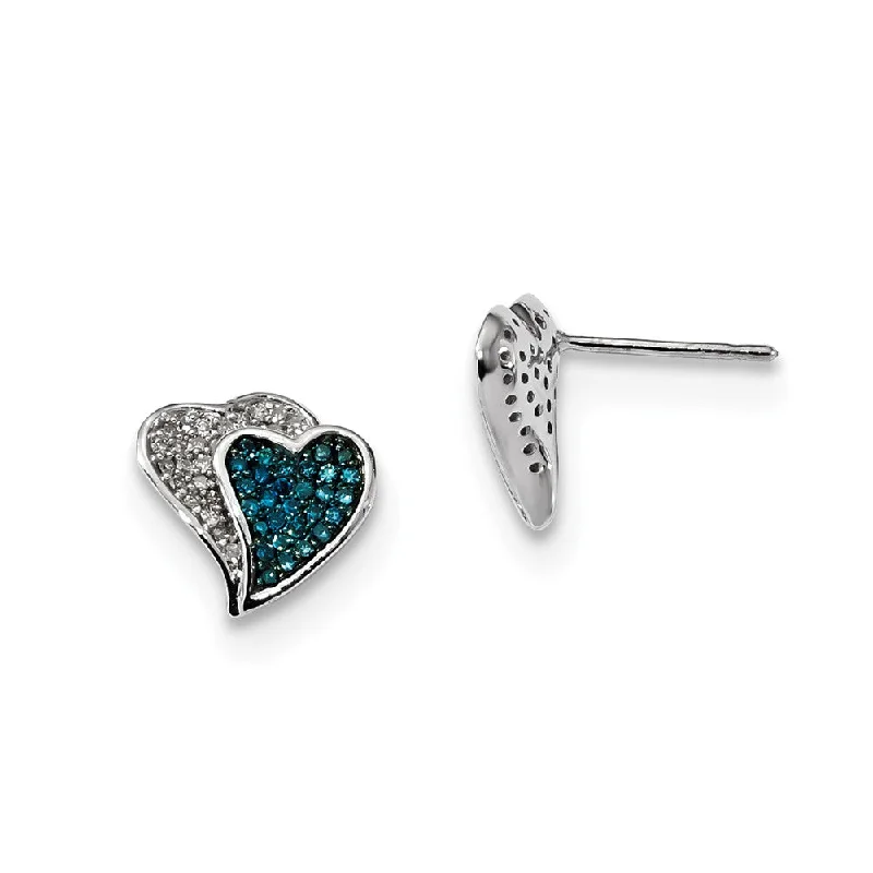 Blue & White Diamond 10mm Double Heart Sterling Silver Post Earrings