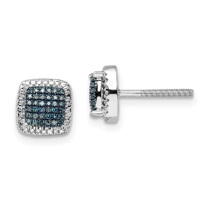 Blue & White Diamond 8mm Square Screw Back Earrings in Sterling Silver