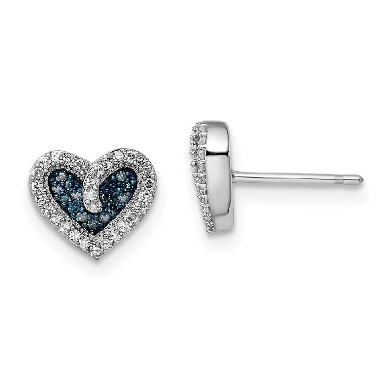 Blue & White Diamond 9mm Heart Post Earrings in Sterling Silver